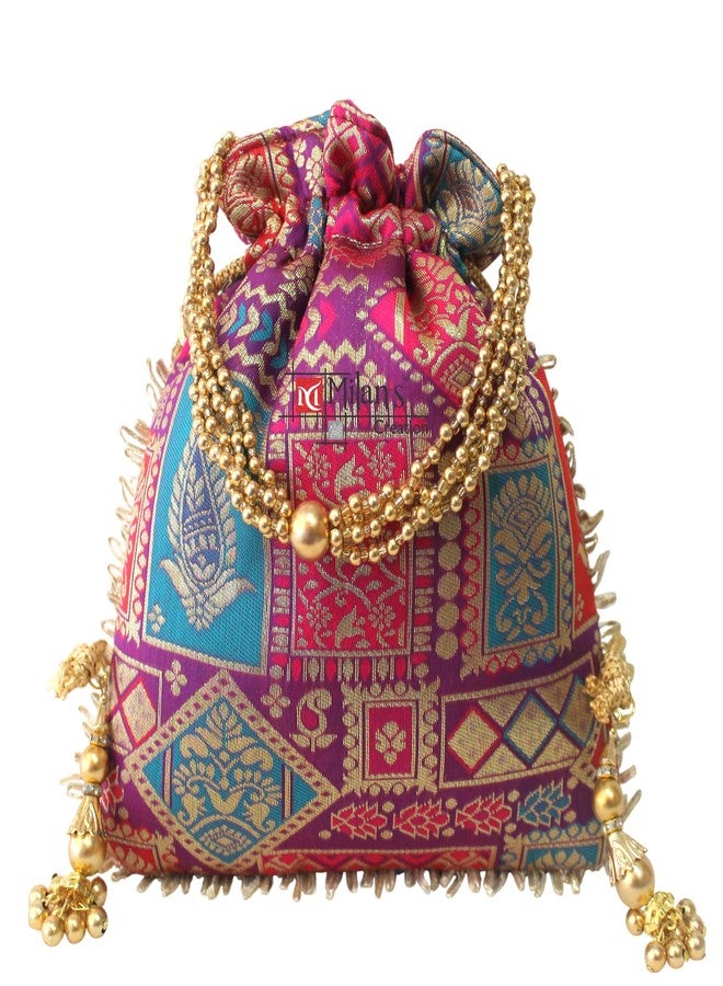 MILAN'S CREATION Patola Potli Banarasi Silk Brocade Bag Purse Drawstring Women's handbag with Pearl Handle & Tassel Weddings (Multicolor-Purple) - Image 1